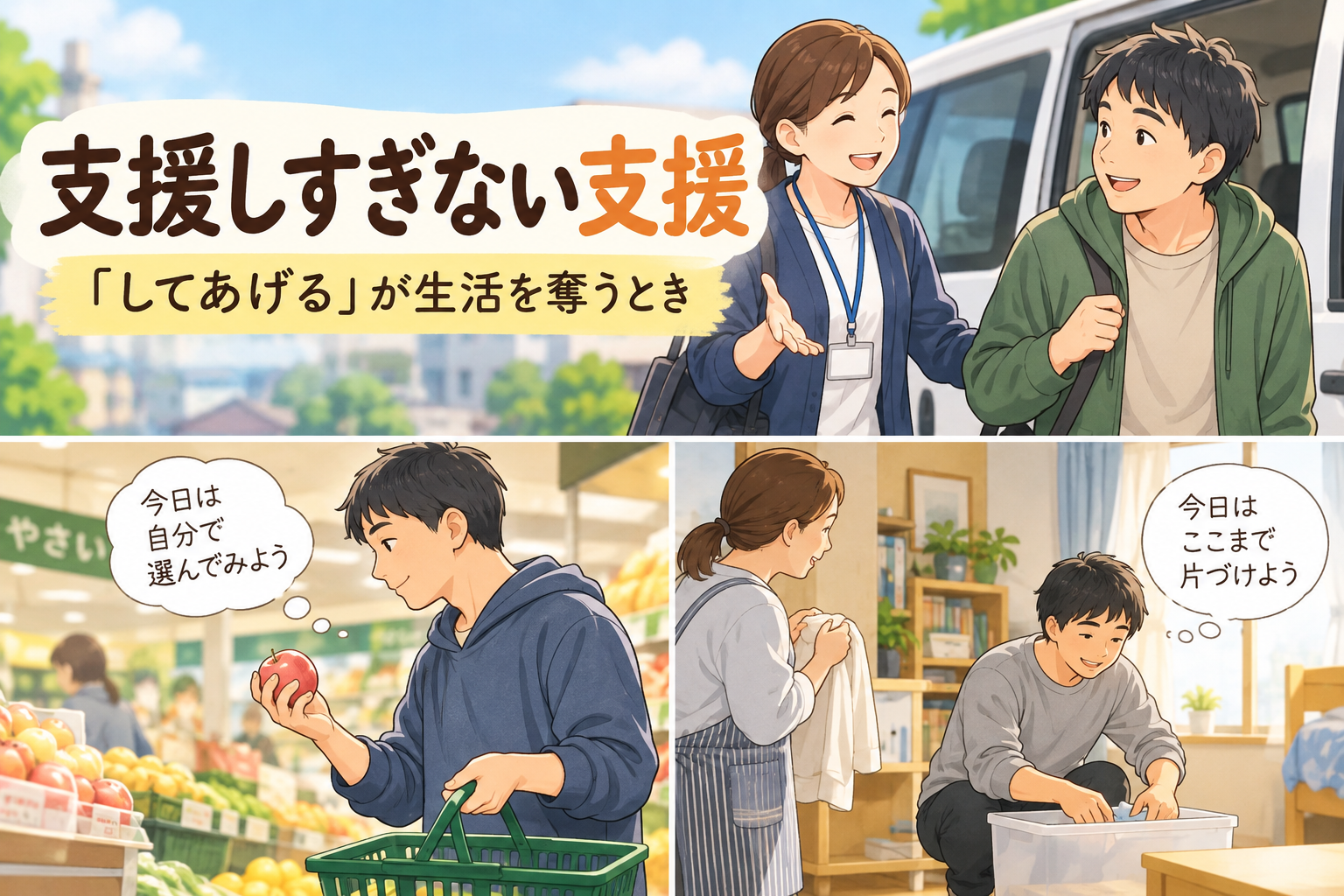 本人が自分で買い物や掃除をする場面を描いたイラスト