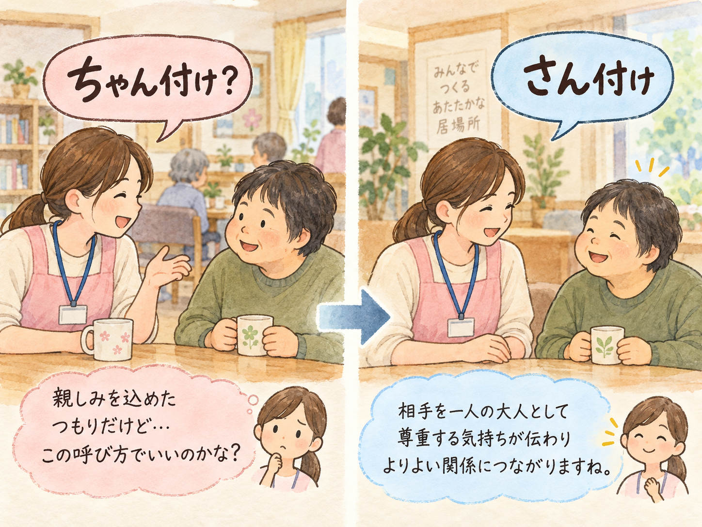 親しみと尊重の違いを考えるイラスト