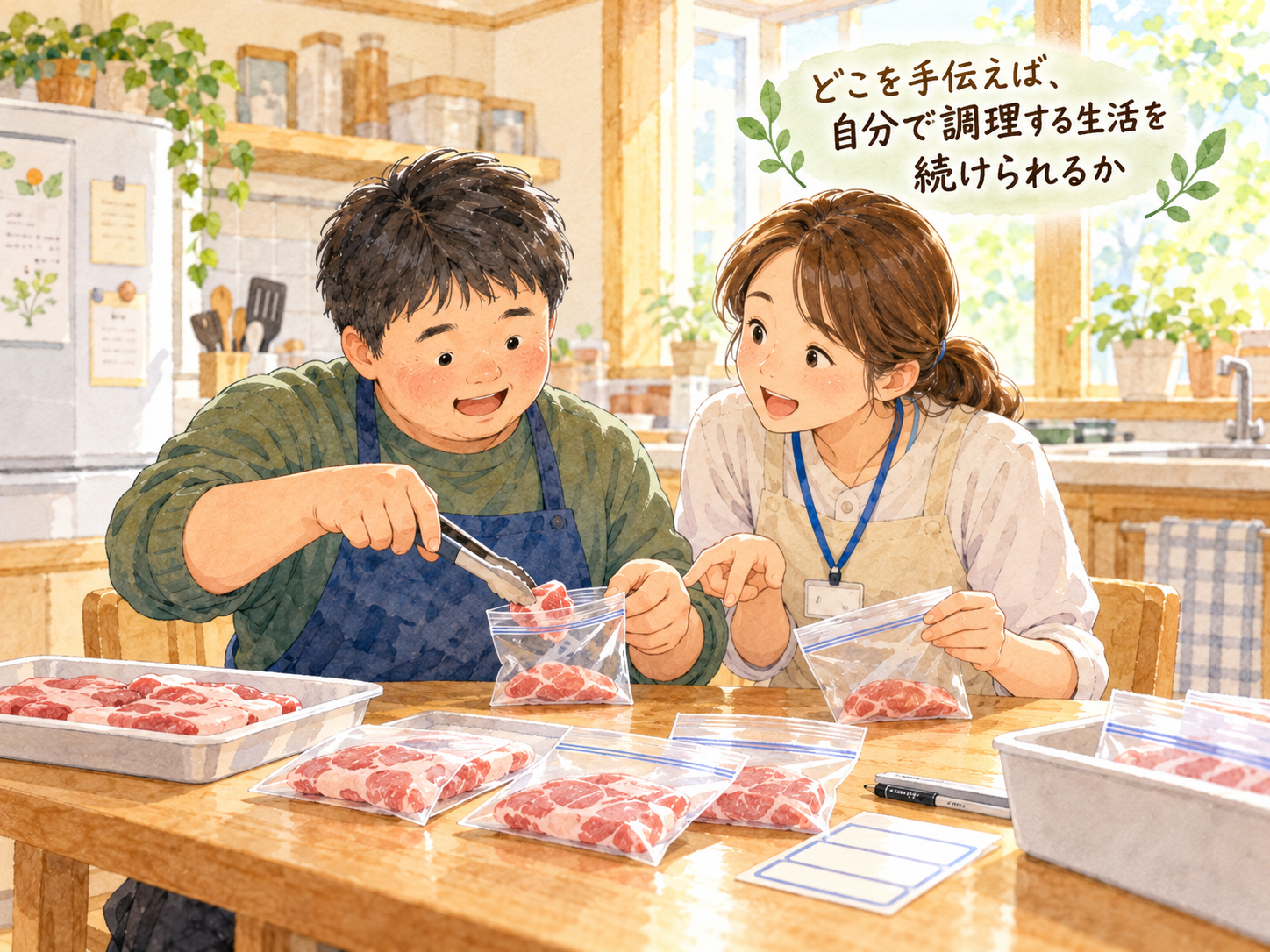 肉を小分けに冷凍する生活支援のイラスト