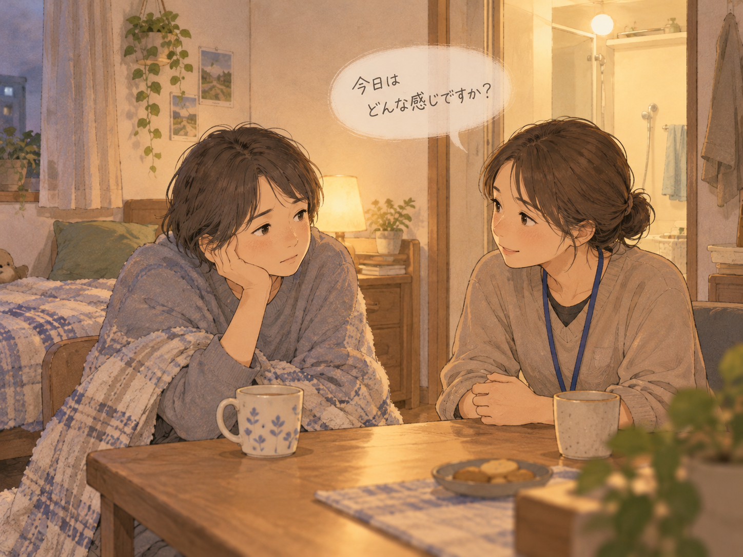 本人と支援者が入浴や生活について一緒に考える場面のイラスト